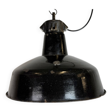 Industrial Black Enamel Factory Lamp with Cast Iron Top, 1950s