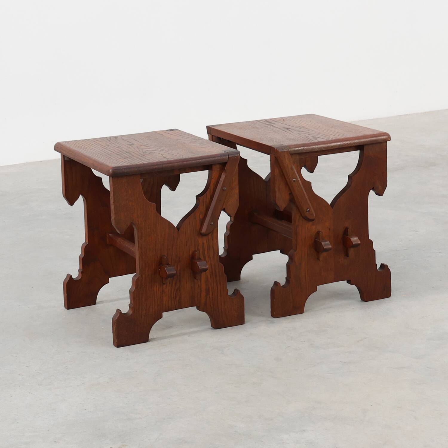 Pair of Belgian Arts & Crafts or Jugendstil Oak Stools, circa 1890