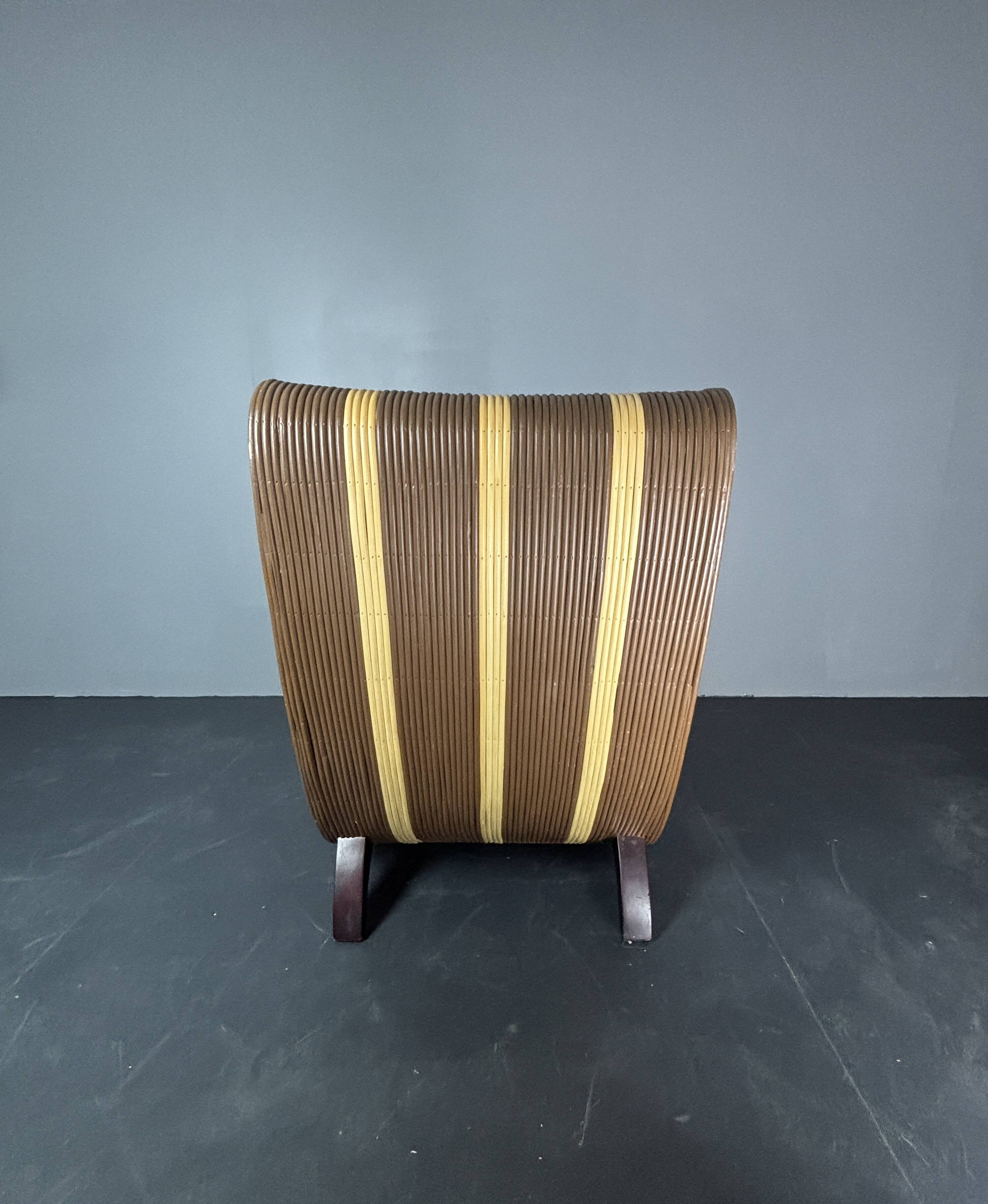 Curvy wavy pencil reed rattan bamboo low lounge chair, 1970s