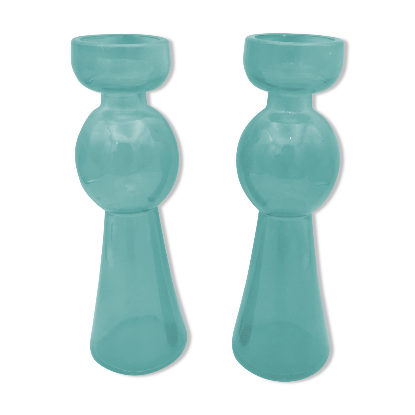 Pair of vintage candlesticks in molded glass turquoise blue 20 cm
