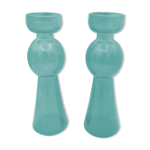 Pair of vintage candlesticks in molded glass turquoise blue 20 cm