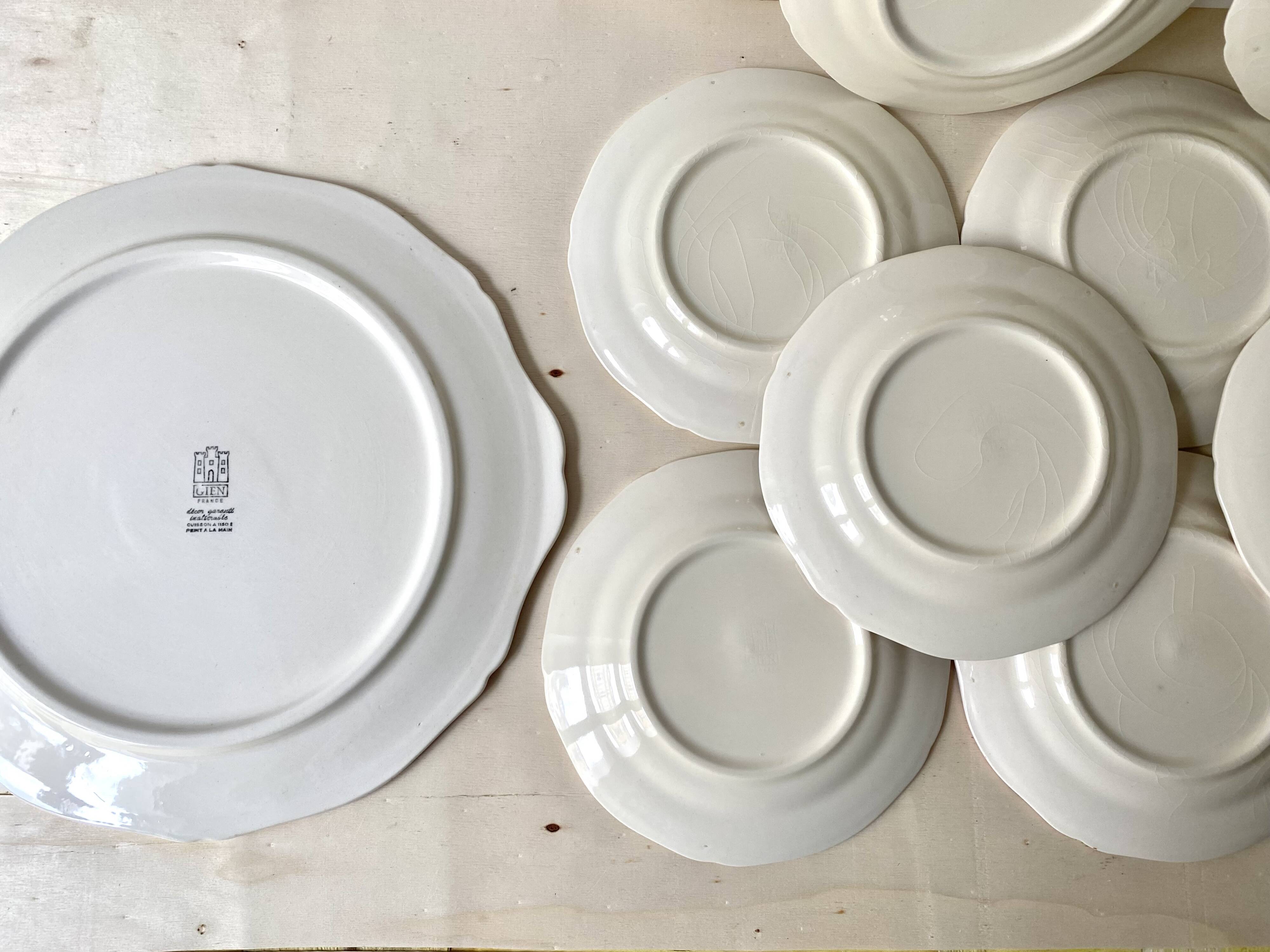 "Cherries" dessert service by Gien vintage, pie dish + 10 dessert plates, Faien ceramic