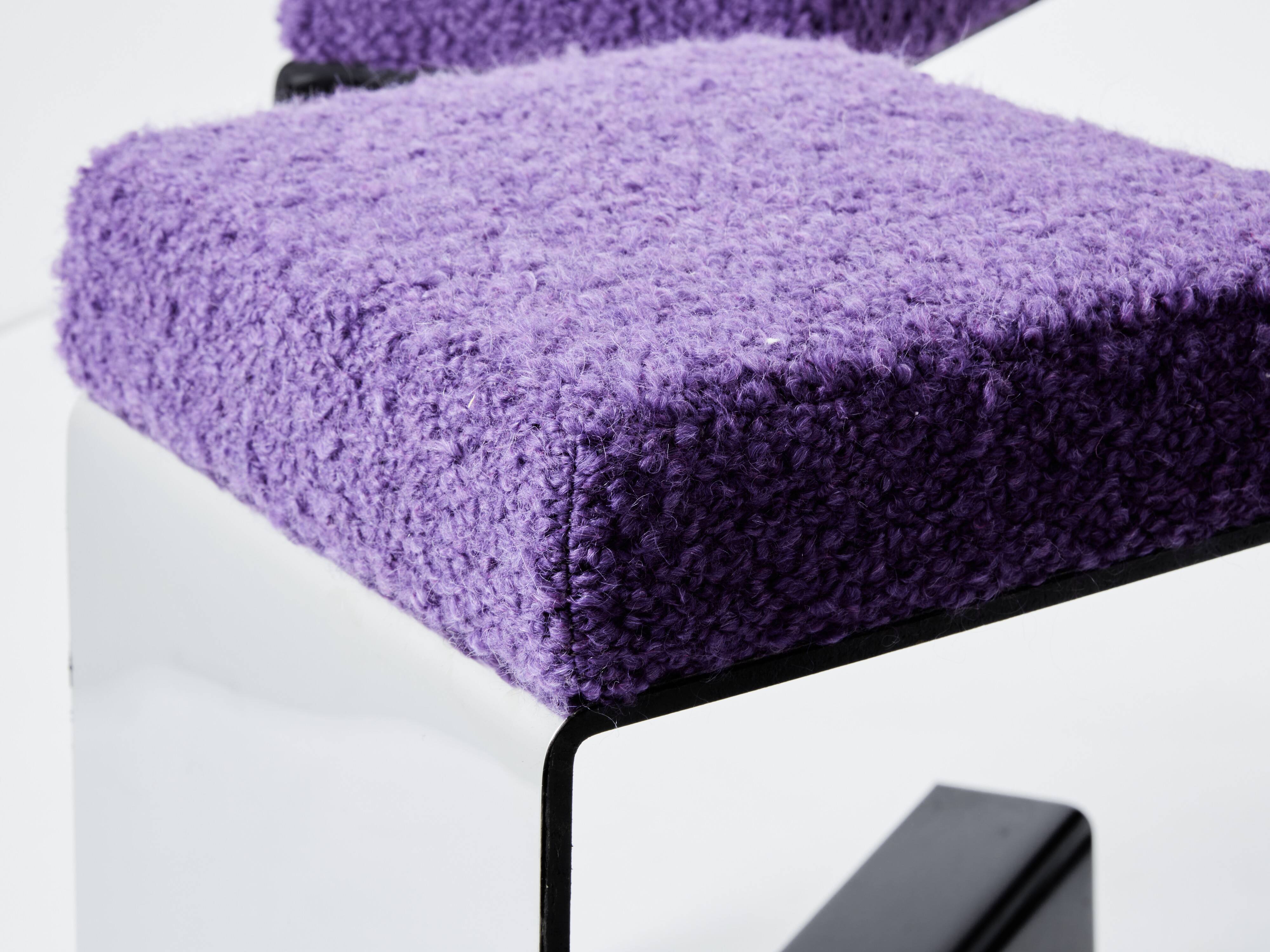 Set of 6 wrought iron bar stools polished steel curly wool 1970