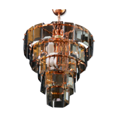 Mid-century brass and smoked glass five tier chandelier
