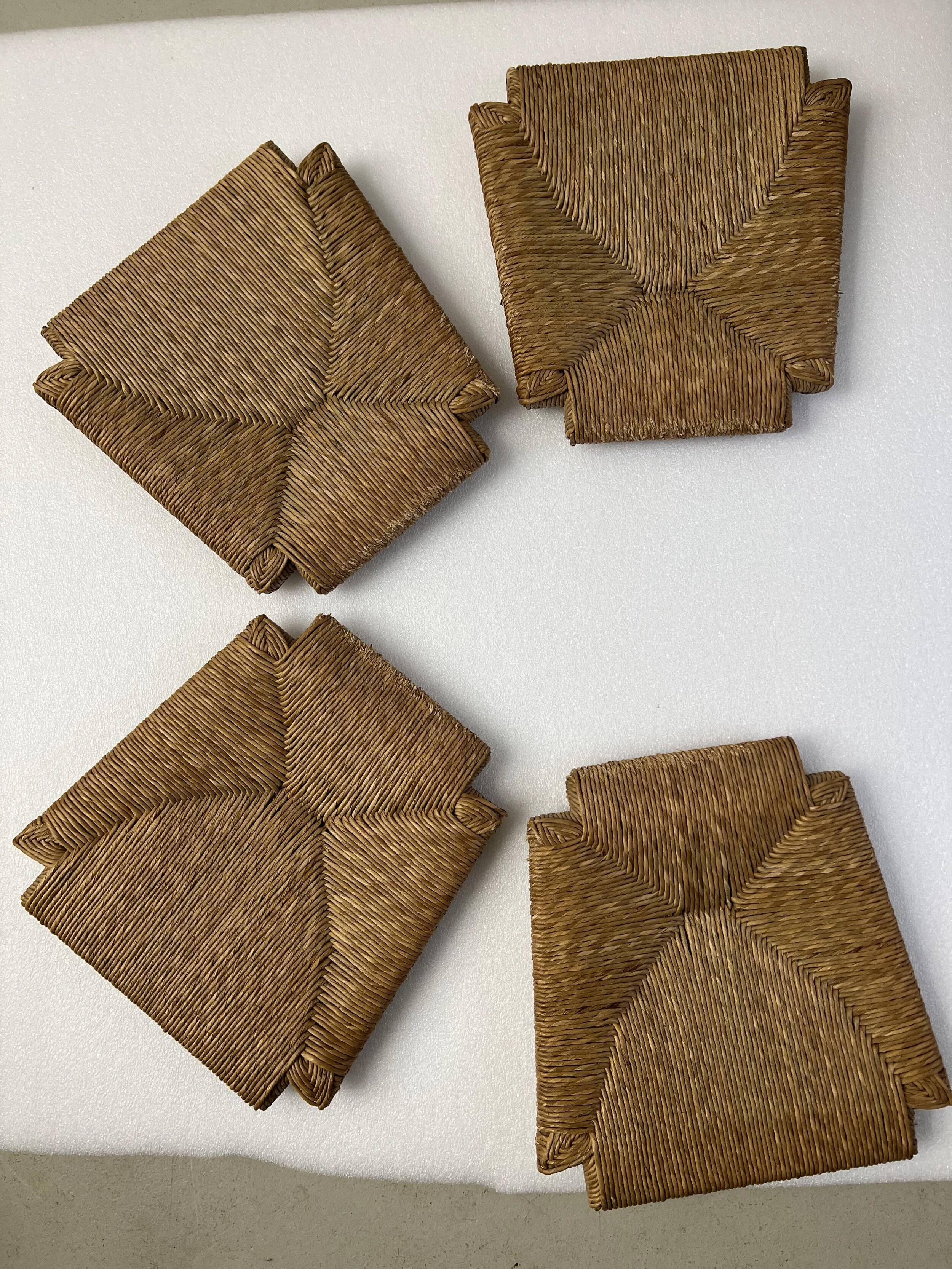 4 brutalist oak rush seat chairs | France | 1960s