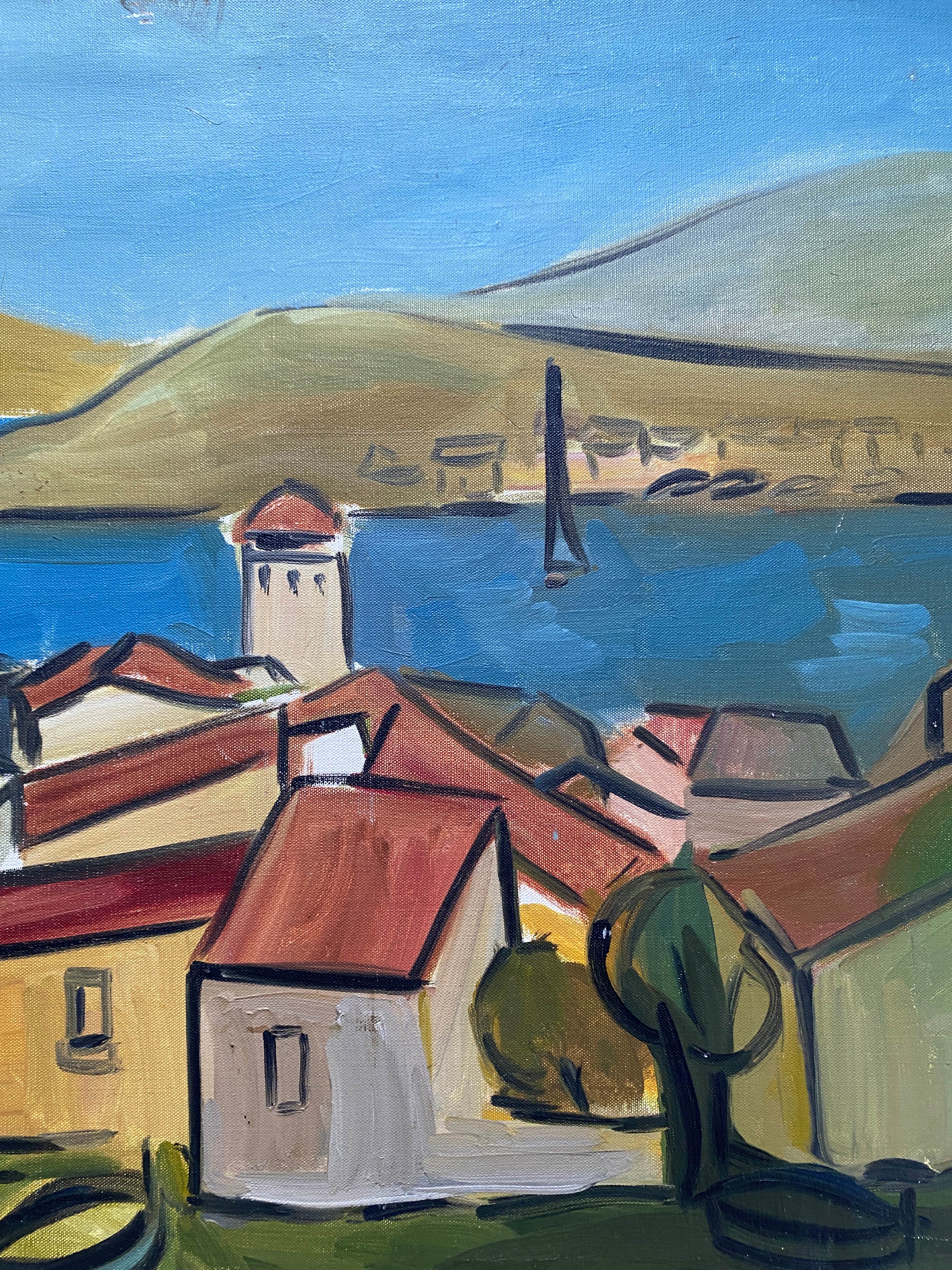 Painting "Village by the sea" made in oil on canvas signed Juanola