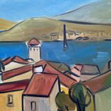 Painting "Village by the sea" made in oil on canvas signed Juanola