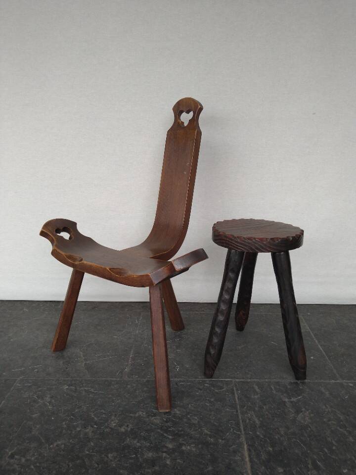 Vintage Spanish Wooden Chair and Stool from the 1970s