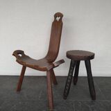Vintage Spanish Wooden Chair and Stool from the 1970s