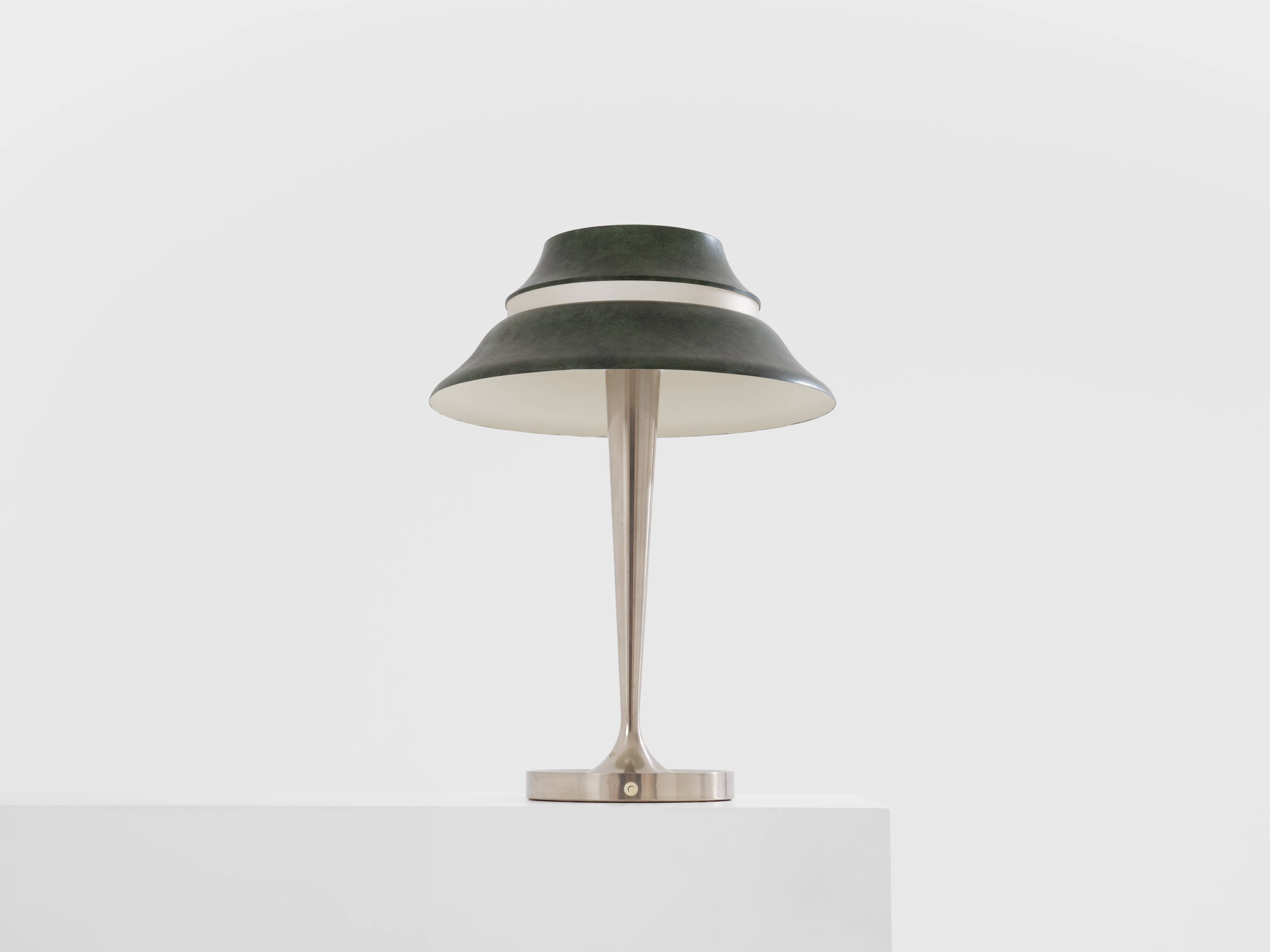 Jean Perzel desk lamp, nickel-plated and patinated, 1940s.