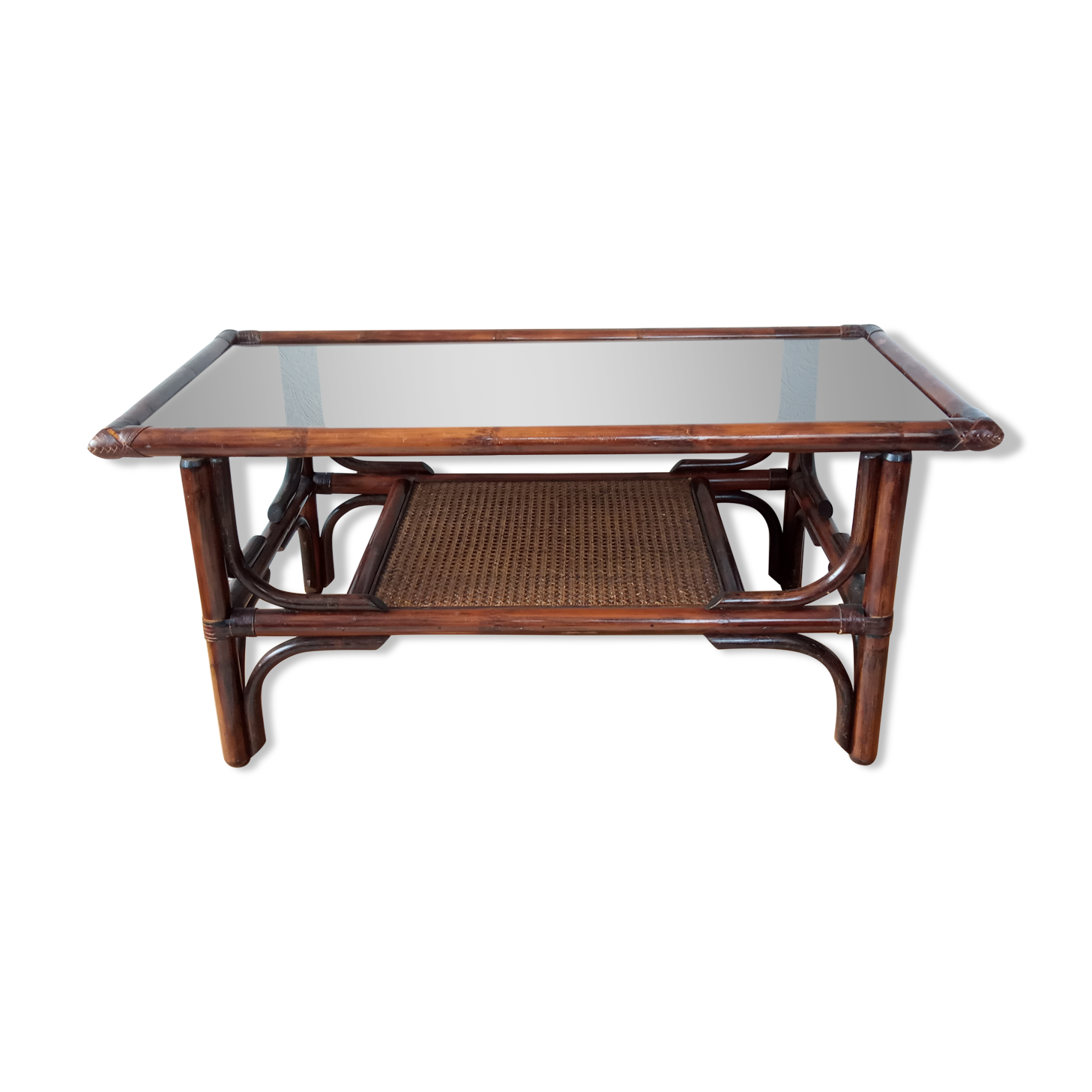 Vintage rattan coffee table and smoked glass
