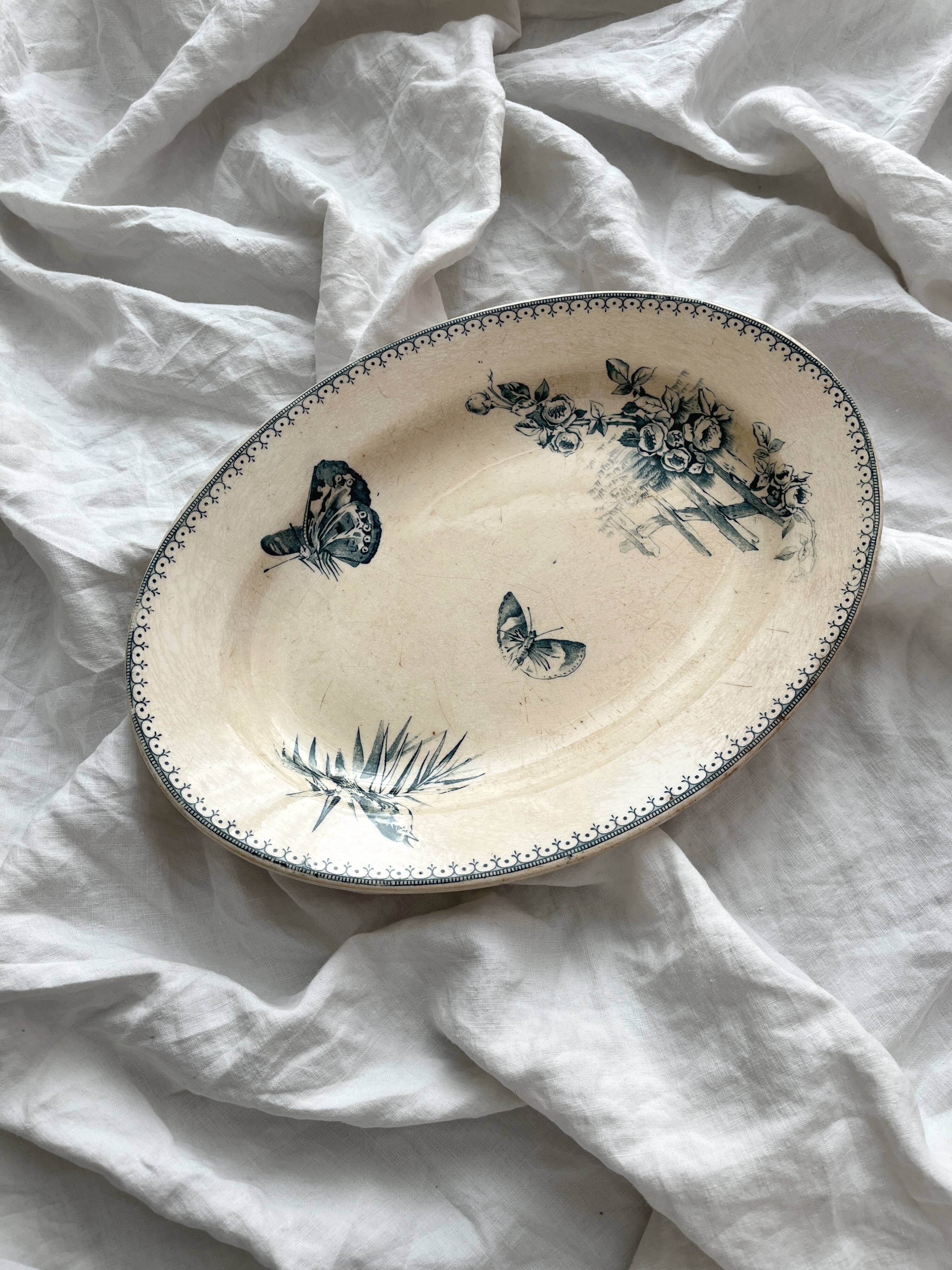 Oval ironstone dish flowers birds "Malaga" Petrus Regout