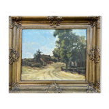 Paysage alpin avec village de montagne, Début du XXe siècle, Huile sur carton, Encadré