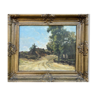 Paysage alpin avec village de montagne, Début du XXe siècle, Huile sur carton, Encadré