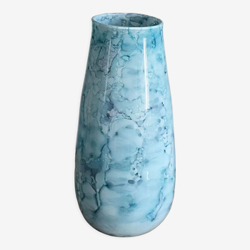 1960 blue and white speckled glass vase in blown glass