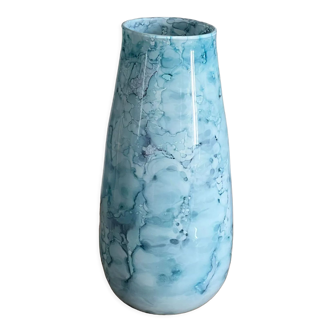 1960 blue and white speckled glass vase in blown glass