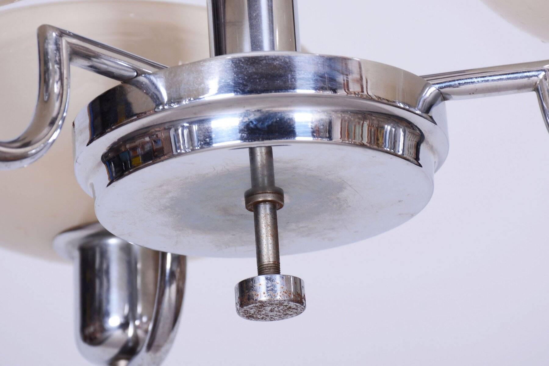 Bauhaus Chandelier in Chrome-Plated Steel and Opaline Glass, Czech, 1930s