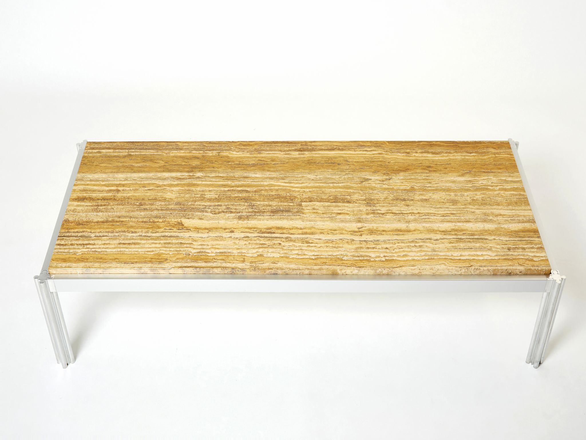 Table basse chrome aluminium travertin jaune George Ciancimino 1975