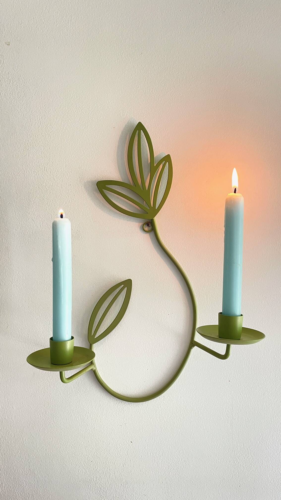 Wall Candle Holder, Green Metal Leaves