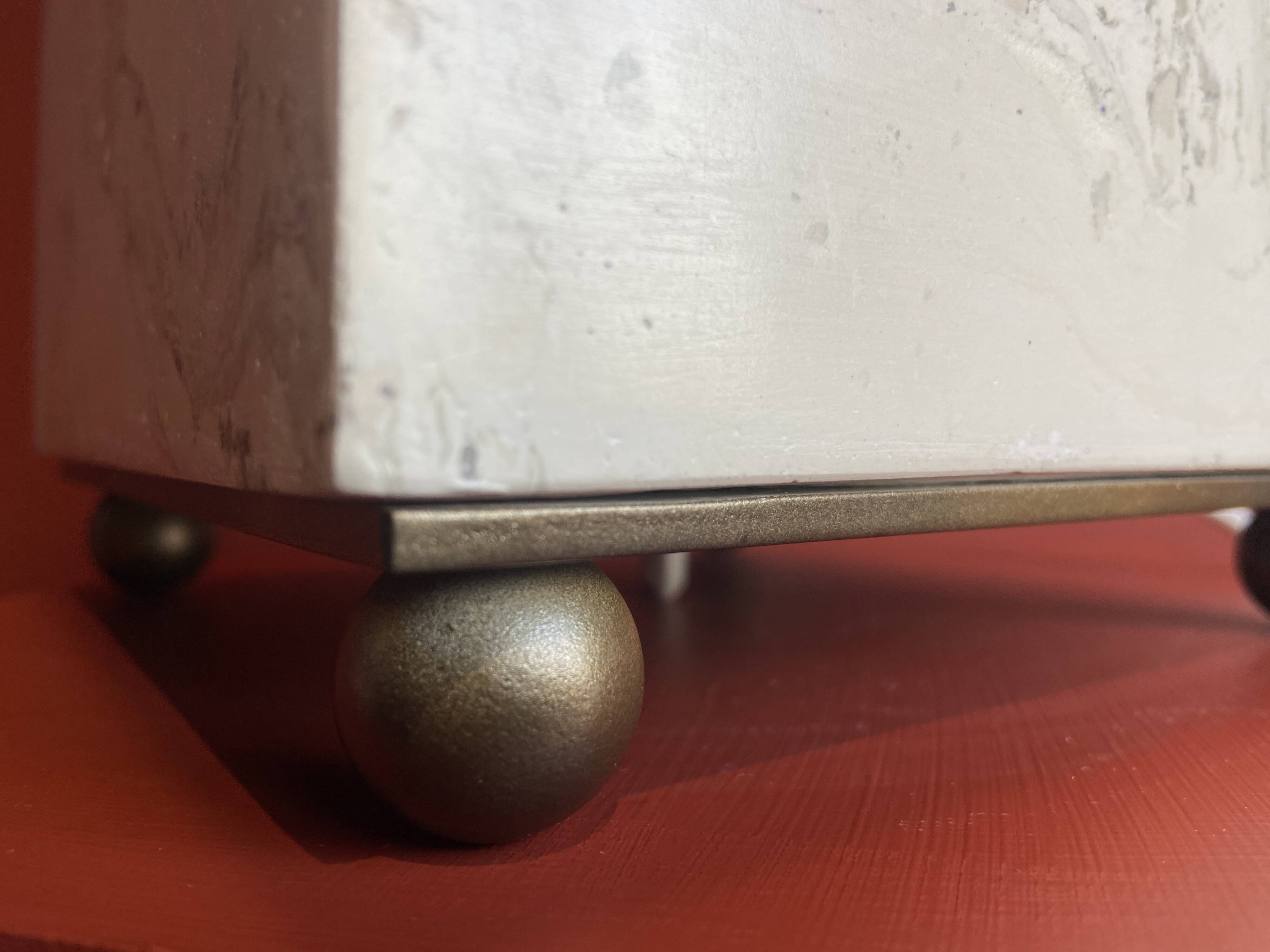 Beige marble stucco base, Houles white ecru fringed lampshade.