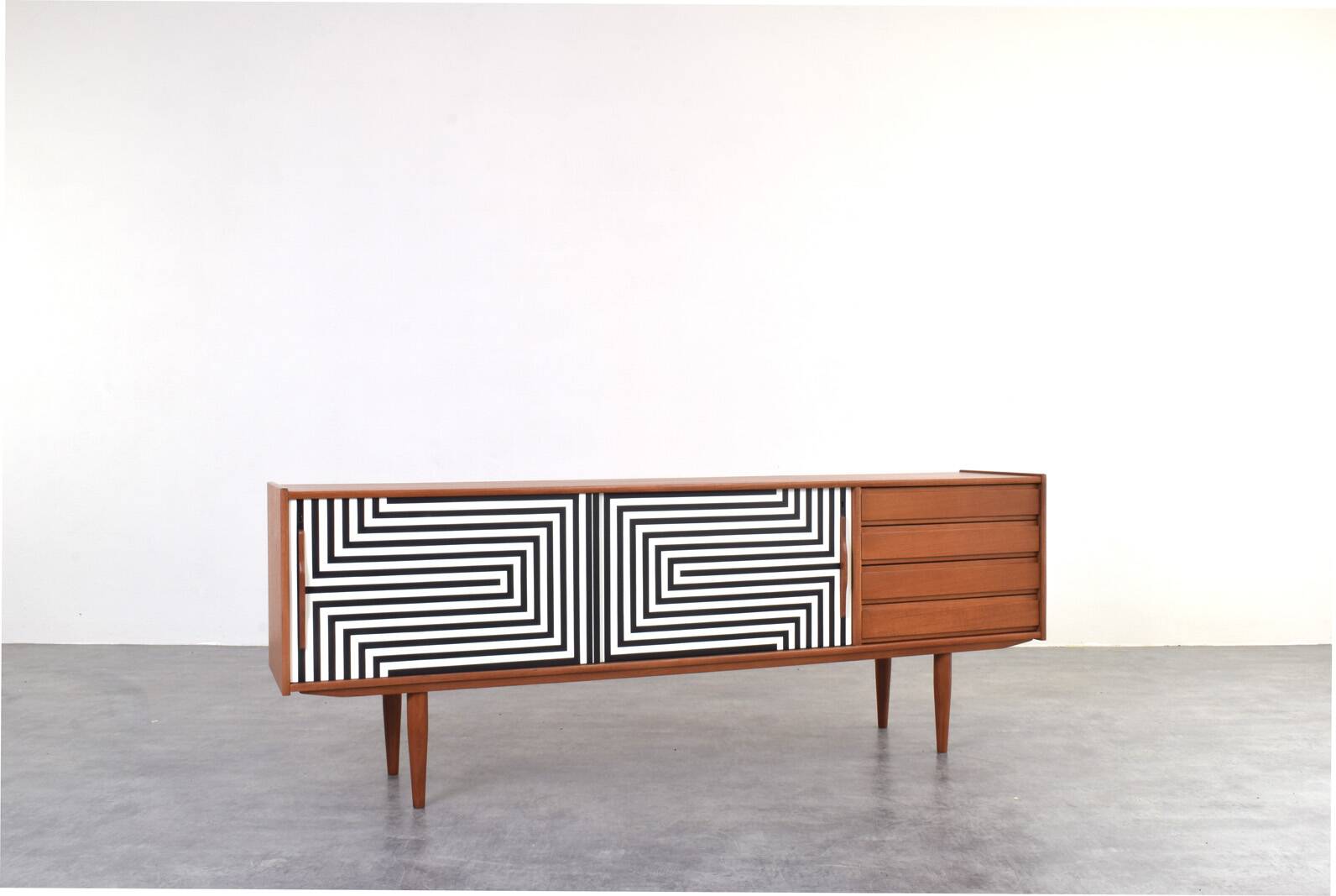Mid-Century Op-Art Hand-Painted Danish Teak Sideboard, 1960s