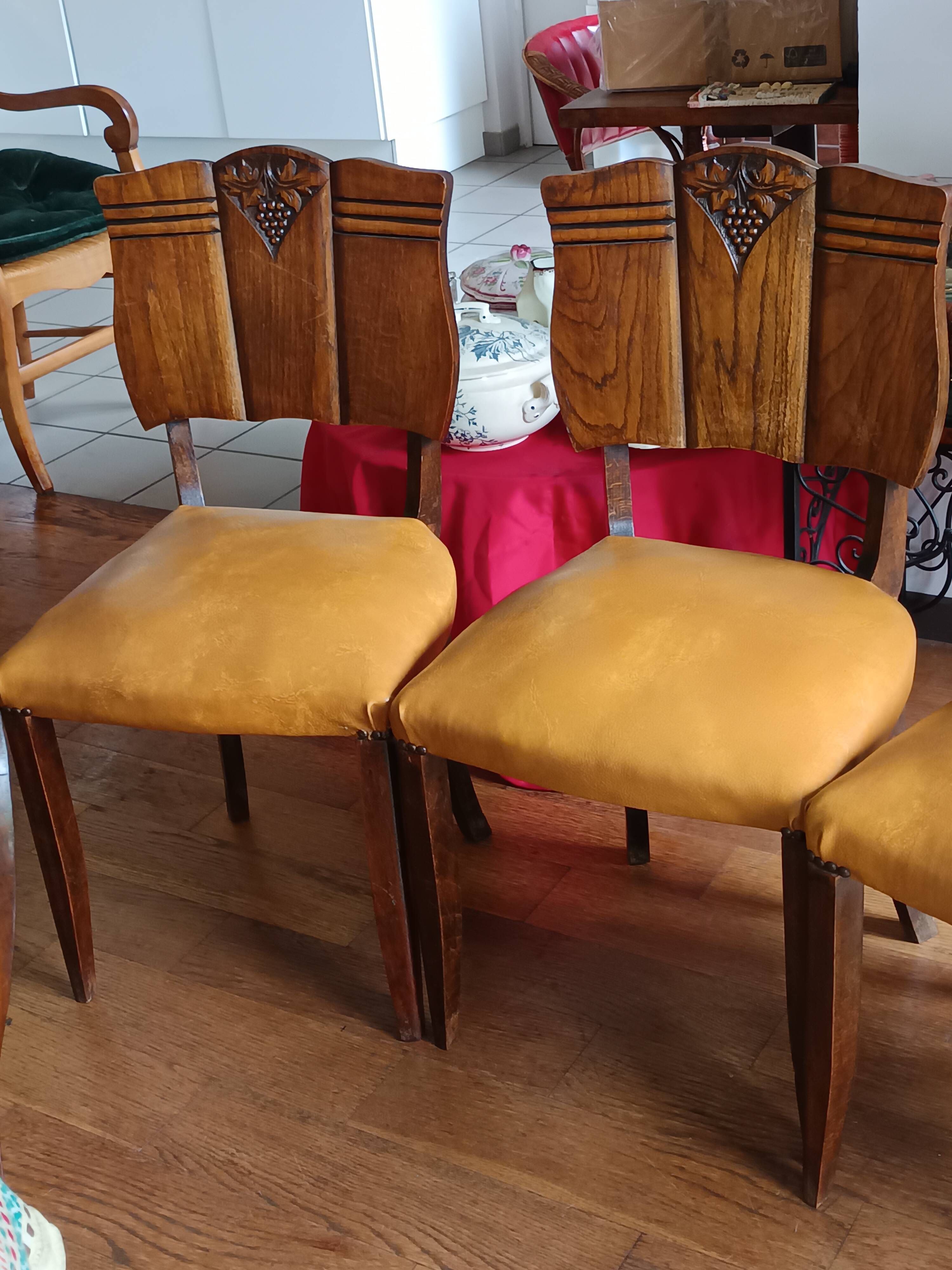 set of 4 vintage Art Deco chairs with carved wood and grape cluster design