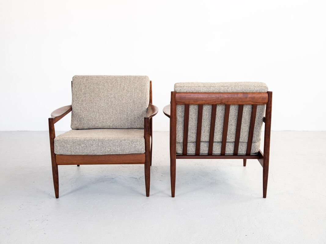 Sofa and armchairs set in walnut and fabric, 1960s