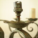 8-branch wrought iron chandelier with gray-green patina and antique gilding