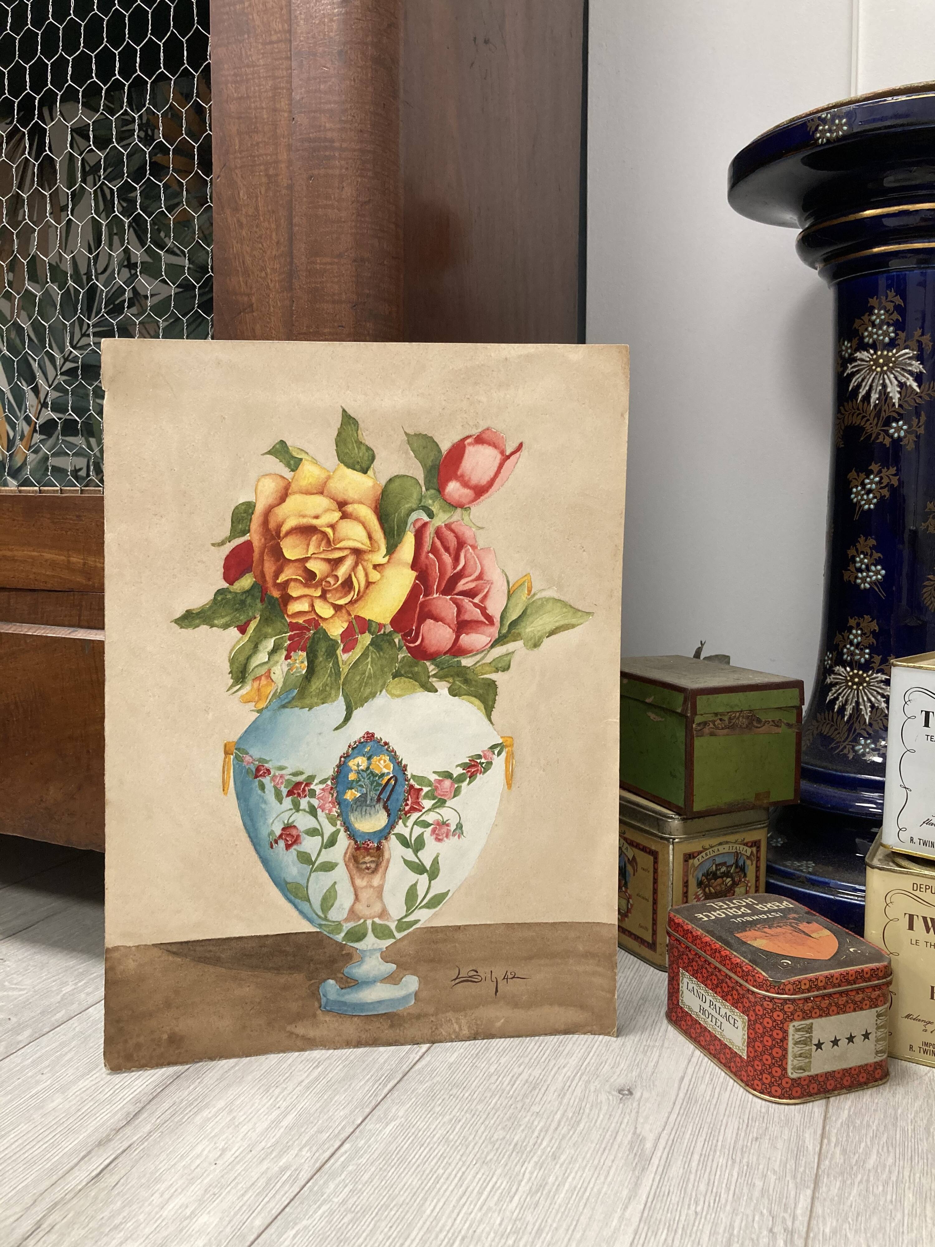 Vintage watercolor with roses in earthenware vase with angel