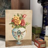 Vintage watercolor with roses in earthenware vase with angel