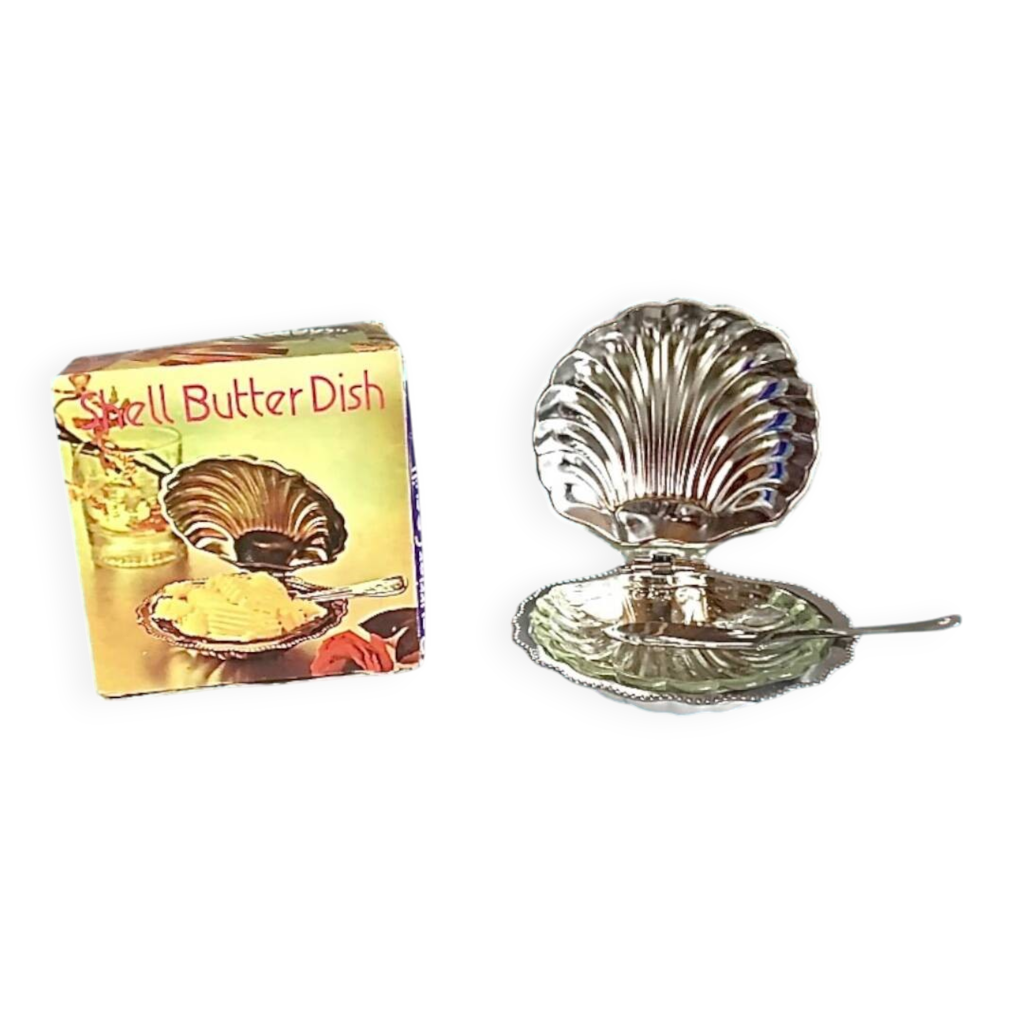 Vintage stainless steel and glass shell butter dish with knife - in its box