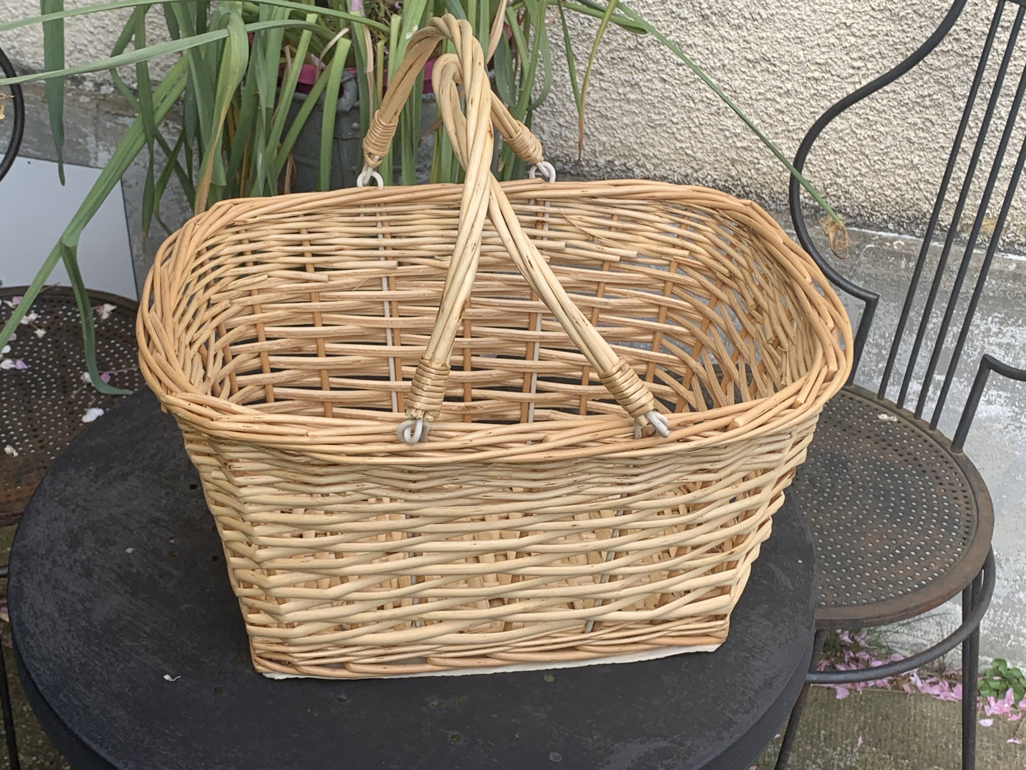 Rattan basket, woven wicker, with two vintage handles