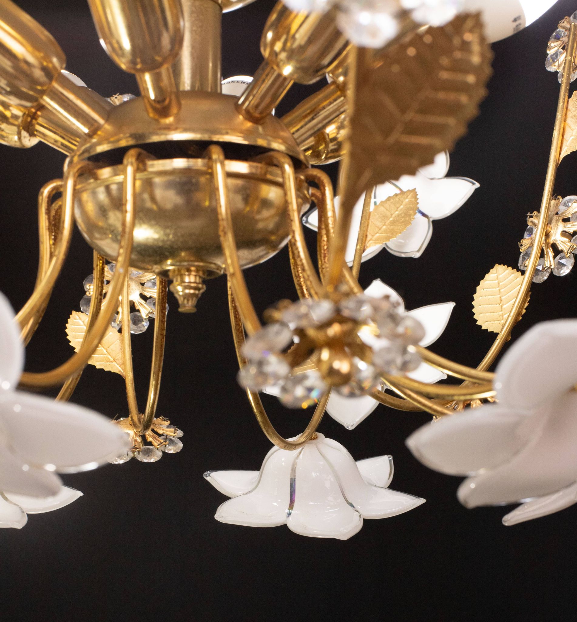 Large Size Vintage Murano Glass Chandelier White Flowers, 1970