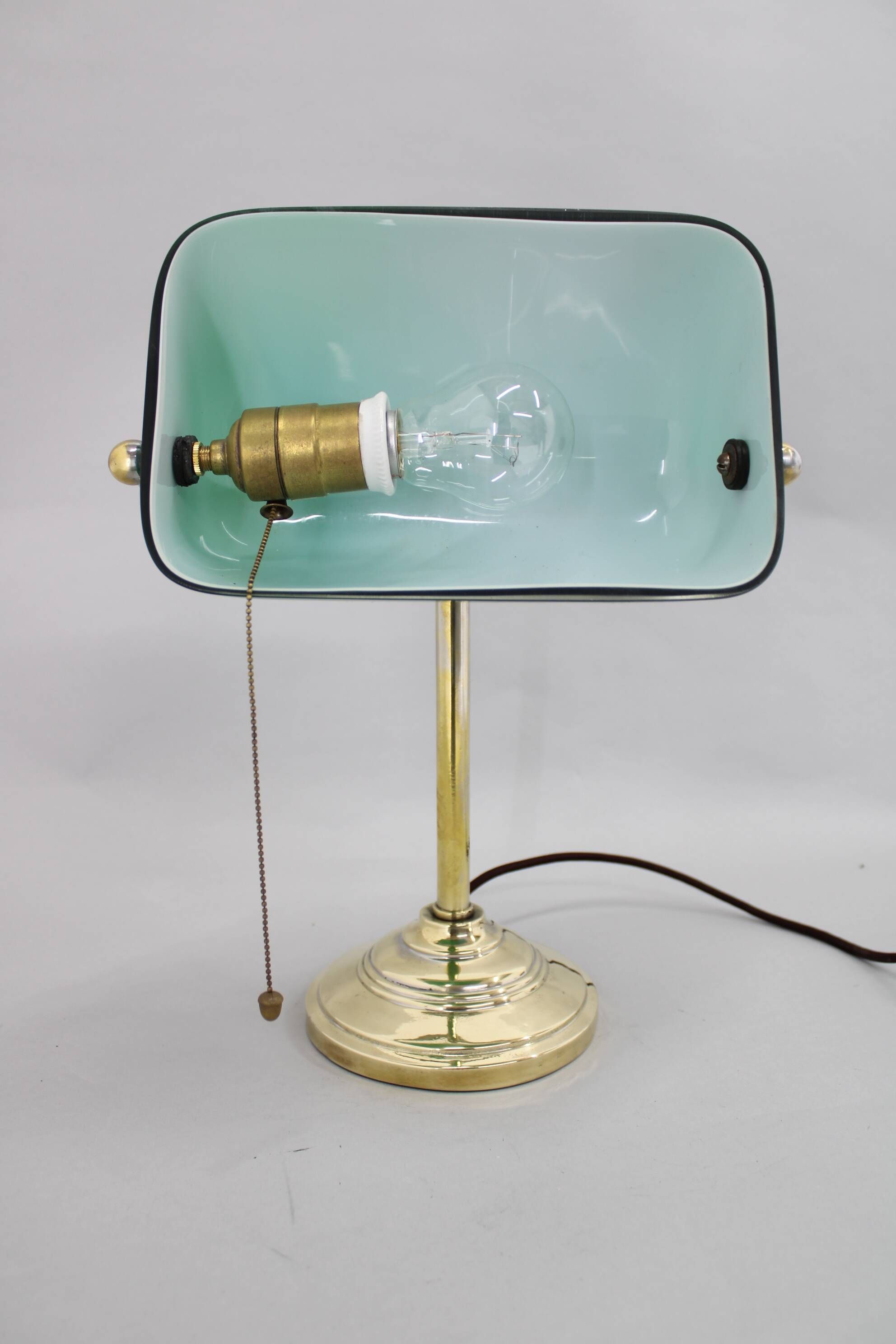 1930s Art Deco Brass  Banker Table Lamp with Glass Shade, Czechoslovakia