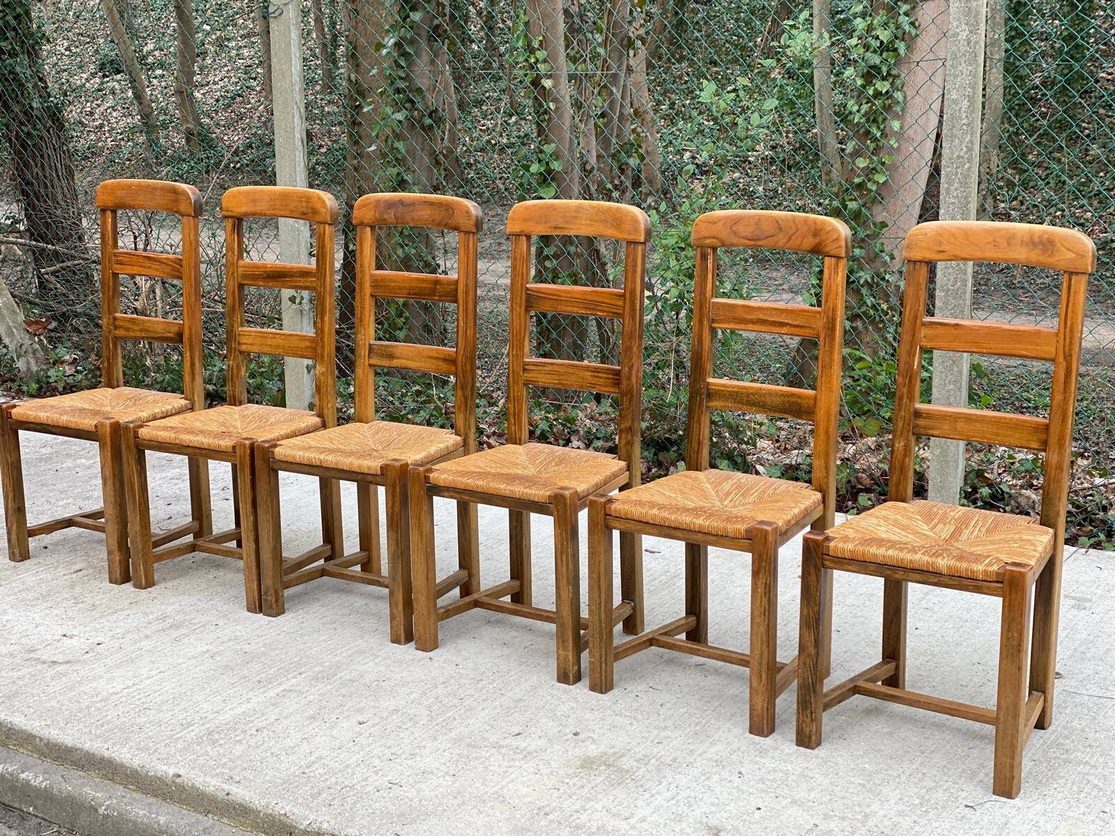 6 vintage solid oak wood straw dining chairs