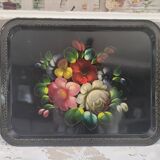 Plateau russe en tôle noire peinte à la main