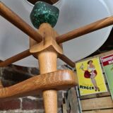 Vintage pendant lamp with opaline "your home" byGuillerme & Chambron in wood