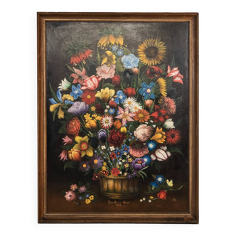 Peinture à l'huile représentant un arrangement floral français vintage