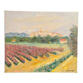 Oil painting on canvas signed Lallemand M. village view with washerwomen