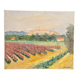 Oil painting on canvas signed Lallemand M. village view with washerwomen