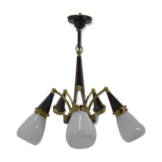 Cubism Brass and Glass Chandelier, 1930s, Perfect Condition