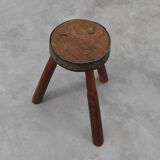 Brutalist French solid oak tripod stool with metal rim, 1850s