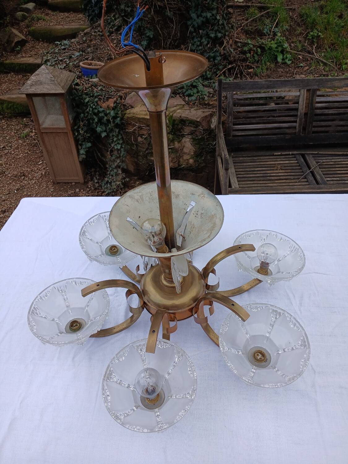 Antique Art Deco brass and glass chandelier
