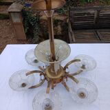 Antique Art Deco brass and glass chandelier