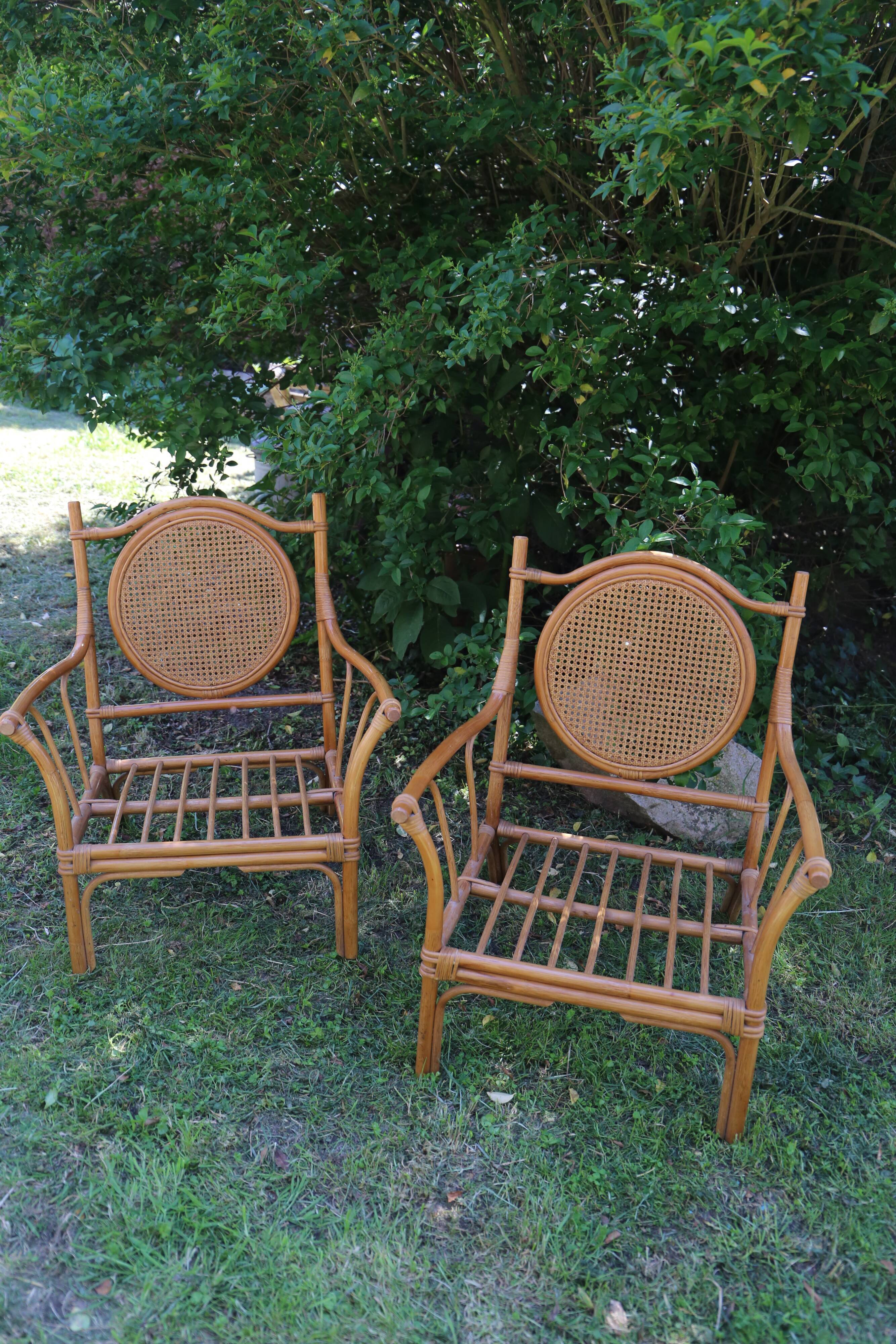 Duo of vintage rattan armchairs