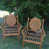Duo of vintage rattan armchairs