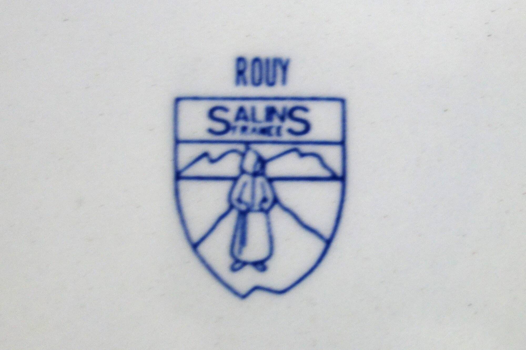 Set of 6 old flat plates with blue decoration, Rouy model, Salins