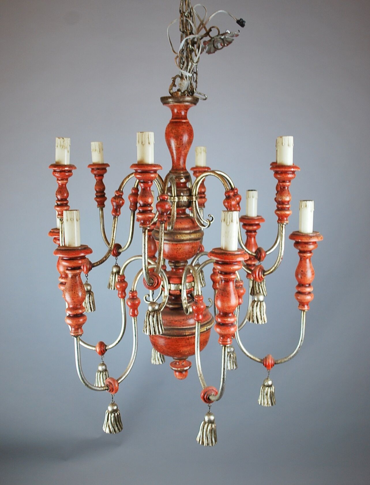 Italian chandelier in patinated wood, 50s
