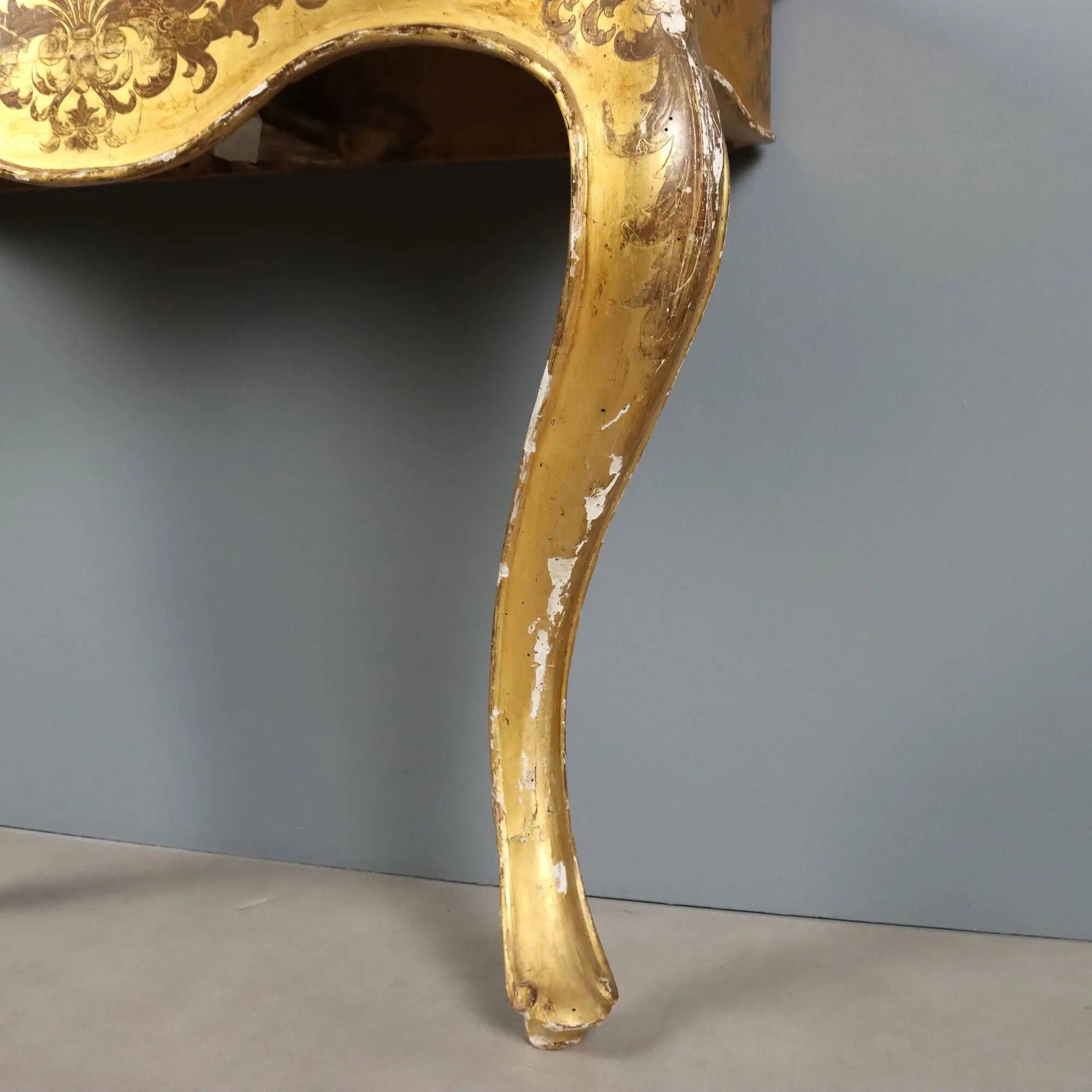 Antique gilded wooden console with marble top, Italy, 19th century.