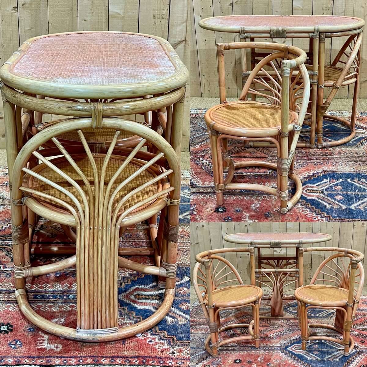Bamboo and rattan living room set, 1 table and 2 chairs - 70s
